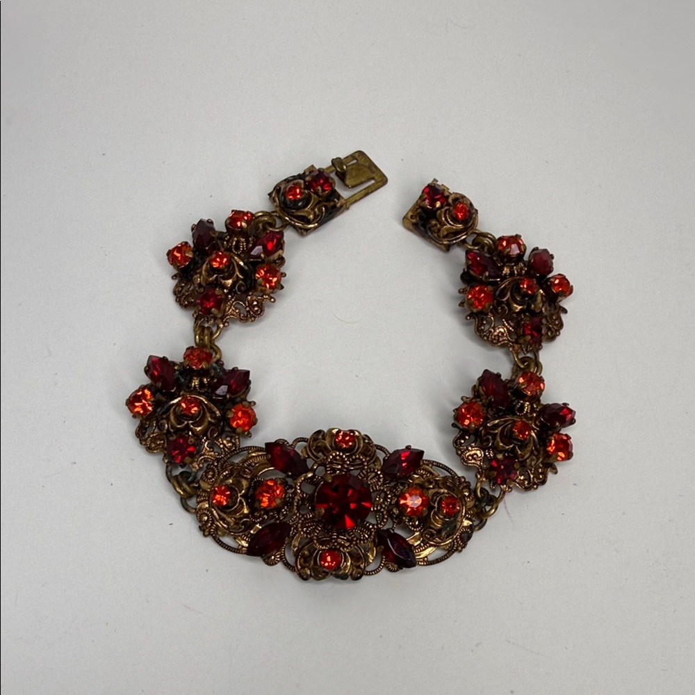 Vintage Germany Red Hyacinth Rhinestone Filigree Statement Bracelet